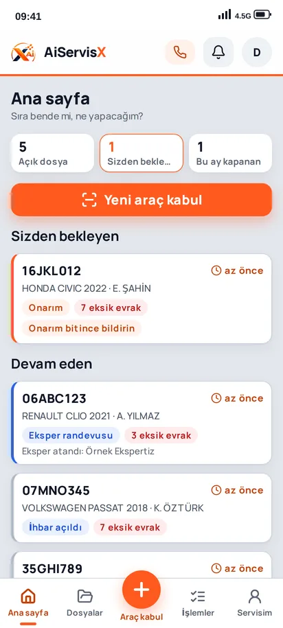 AiServisX servis uygulaması — Ana sayfa: açık dosya, sizden bekleyen ve bu ay kapanan sayıları