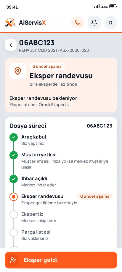 AiServisX servis uygulaması — Dosya detayı: aşama şeridi ve sigorta bilgileri