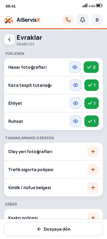 AiServisX servis uygulaması — Evraklar ekranı: yüklenen ve eksik evrak listesi
