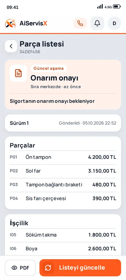 AiServisX servis uygulaması — Parça listesi ekranı: sayfalar yüklendi, merkeze iletildi