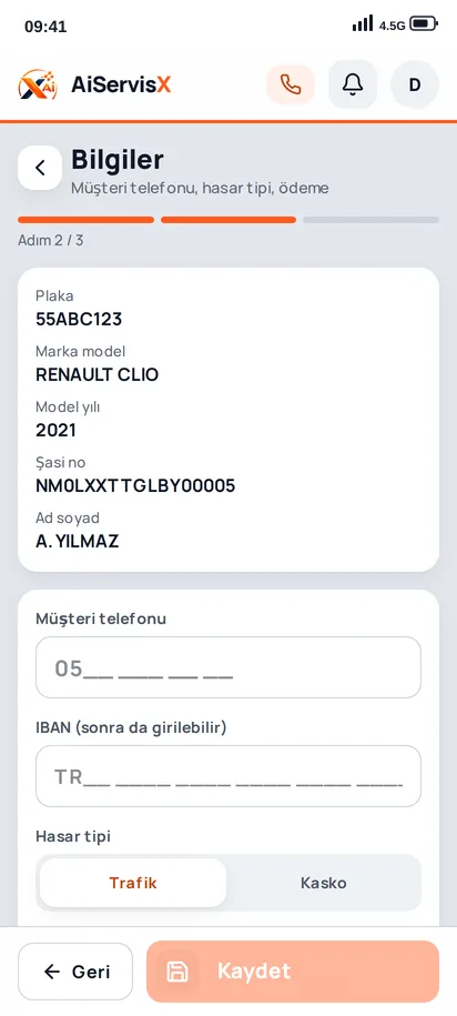 AiServisX servis uygulaması — Ruhsat okuma ekranı: alanlar kameradan doldu