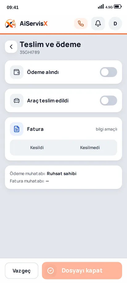 AiServisX servis uygulaması — Teslim ve ödeme ekranı